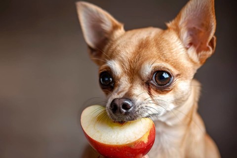 Small Chihuahua dog holding slice of apple in mouth. Generative Ai, AI generated