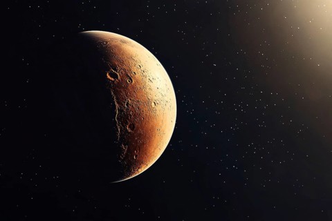 Red planet Mars in black sky with stars. Generative Ai, AI generated
