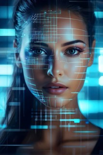 3d digital facial recognition displaying a female face with overlaid ai biometric data, AI