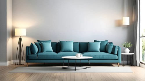 3d rendering of a couch with cushions and a floor lamp, AI generated