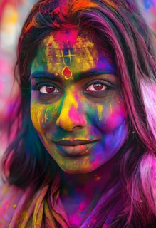 Indian woman colored face portrait during Holi Hindu festival, AI generated