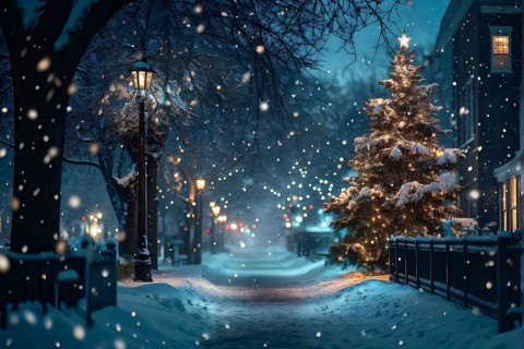 Christmas Eve with snowflakes fall under the light of a streetlamp with a decorated tree in the