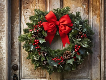 Classic holiday wreath with frosted holly leaves hanging on a rustic wooden door, AI generated