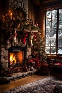 Traditional stone fireplace decorated for Christmas, with garlands, stockings, and candles, set in