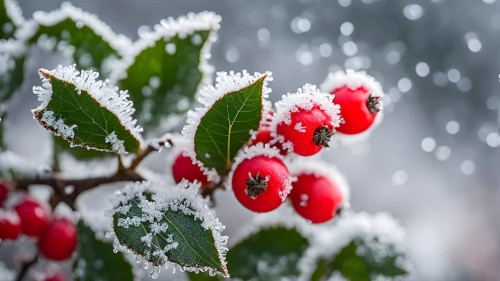 Frosty holly branch with vibrant red berries covered in delicate ice crystals, symbol for upcoming