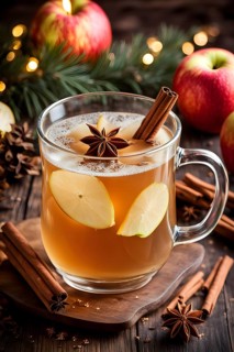 Steaming apple cider in a glass mug, garnished with a cinnamon stick and star anise, surrounded by