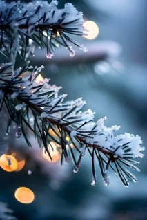 Detailed shot of frosted pine branches with twinkling fairy lights and icicles hanging, creating a