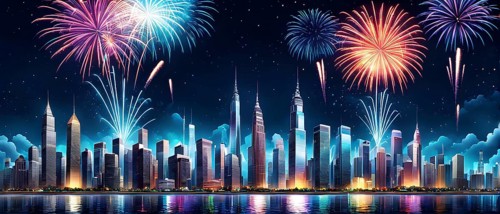 Wallpaper illustration of a cityscape on New Year's Eve, with glowing skyscrapers and floating