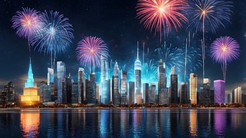 Wallpaper illustration of a cityscape on New Year's Eve, with glowing skyscrapers and floating