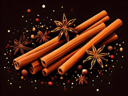 Abstract wallpaper illustration of Christmas spices like cinnamon sticks, star anise, and cloves,