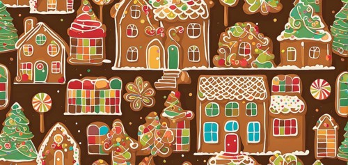 Abstract wallpaper illustration of of gingerbread house decoration, AI generated