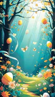 Surreal Easter scene with floating eggs, ribbons, and flowers in a dreamlike, whimsical composition