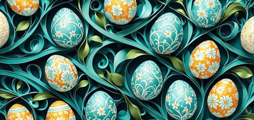A whimsical abstract pattern with intertwined ribbons, eggs, and floral motifs, with a mix of sharp