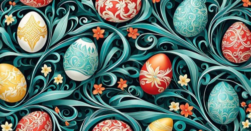 A whimsical abstract pattern with intertwined ribbons, eggs, and floral motifs, with a mix of sharp