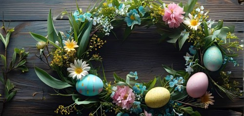 Spring wreath with pastel ribbons, speckled eggs, and blooming flowers, hanging on a wooden