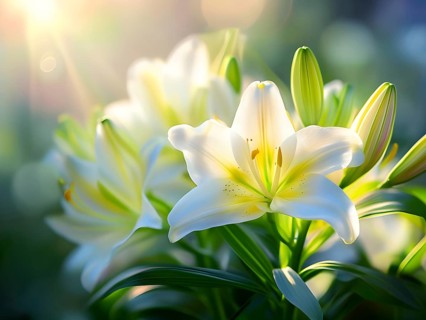 Blooming Easter lilies with soft white petals and a yellow center, bathed in gentle sunlight, AI