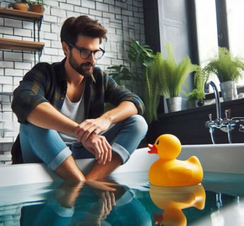 A man has his legs in the bathtub in which a rubber duck is swimming, AI generated, AI generated
