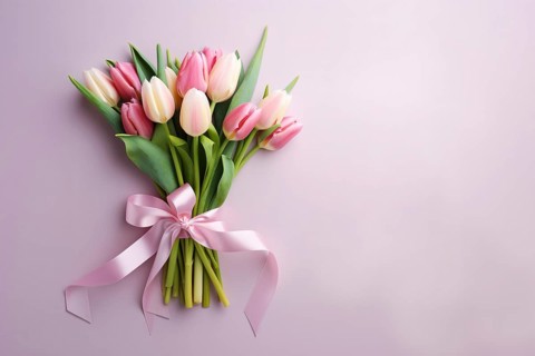Bouquet with white and pink tulip spring flowers and silk ribbon. KI generiert, generiert AI