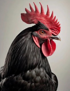 Black rooster (Gallus gallus domesticus), male domestic fowl, portrait, cropped, AI generated, AI