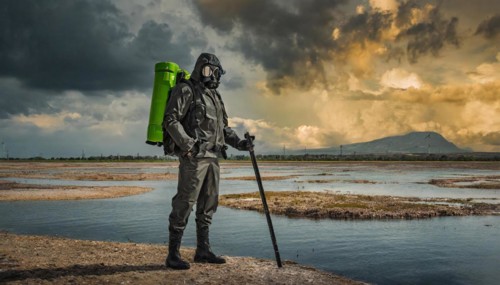 Symbolism, climate catastrophe, researchers in protective suits taking samples, AI-generated, AI