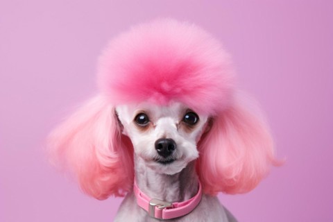 Funny poodle dog with pink dyed fur in front of studio background. KI generiert, generiert, AI