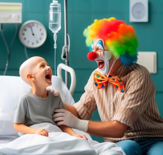 A clown, a hospital clown, in mask, red nose and costume with a sick child in the hospital and