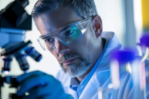 Male scientist with safety glasses in research lab. KI generiert, generiert, AI generated