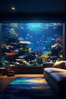 Large vibrant aquarium centerpiece in a cozy living room, AI generated