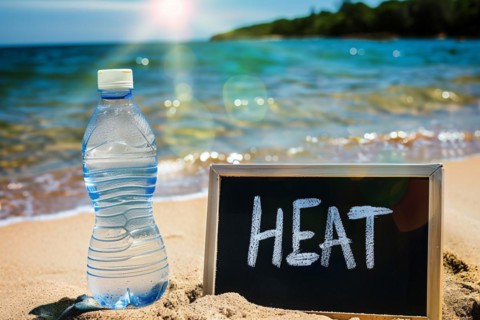 Water bottle next to chalkboard with text 'heat' at beach. KI generiert, generiert, AI generated