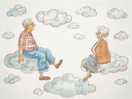 A caricature, illustration of an elderly couple sitting on clouds, cheerful idea of the afterlife,