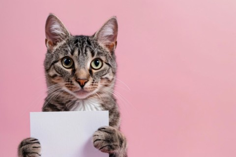 Tabby cat holding empty white sign in front of studio background. KI generiert, generiert, AI