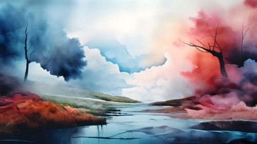 AI generated painting of a surreal landscape with digital brush strokes intertwining with
