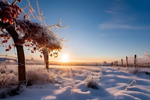AI generated winter in the vineyard with snow blankets dormant vines and ambient light