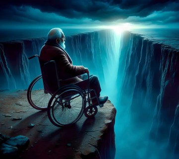An old man sits in a wheelchair on a precipice, symbolic image of illness, psychology, AI