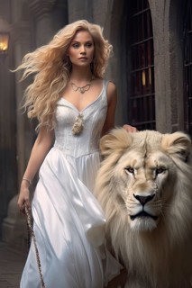 Beautiful young woman with long blonde hair with her white pet lion, AI generated