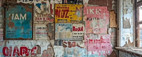 Grunge ripped torn placard posters background in white, pink, blue and yellow colors, AI generated