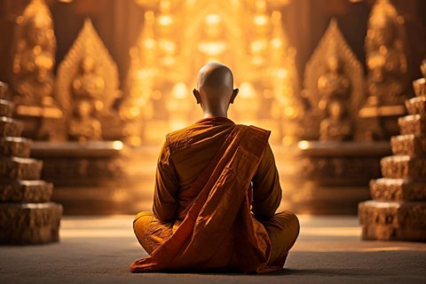 Back view of monk in Buddhist temple. KI generiert, generiert AI generated