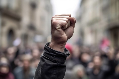 Man's raised fists with blurry crowd of rioting people in background. KI generiert, generiert AI