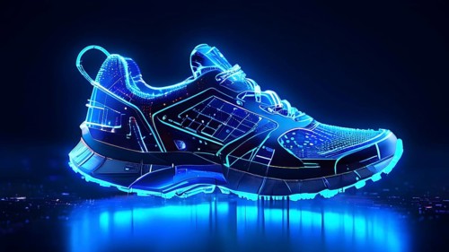 Sporting equipment, like a running shoe, breaking into pixels and data points, morphing into a