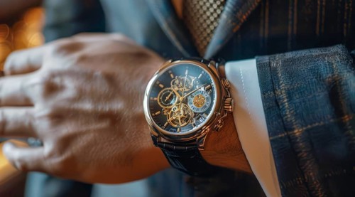 Close up of a hand with luxury watch. Expensive lifestyle of a successful businessman., AI