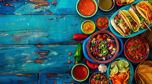 Mexican authentic food mix containing national cuisine items - fajitas, carnitas and tacos., AI