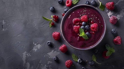 Flat lay view of acai bowl smoothie and Spirulina algae with berries. Healthy diet, AI generated