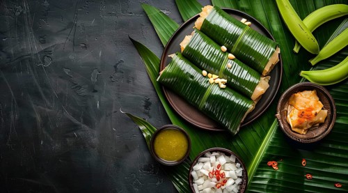 Traditional mexican cuisine food. Tamale with banana leaves. Concept of a healthy diet, AI
