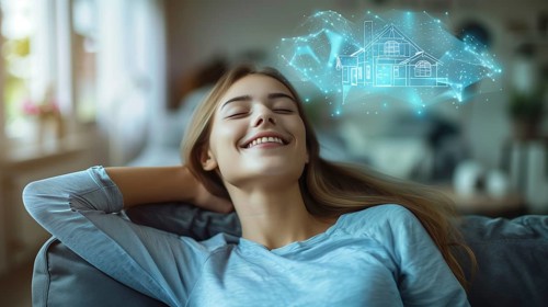 Smiling young woman daydreaming on her couch visualizing a new house. generative AI., AI generated