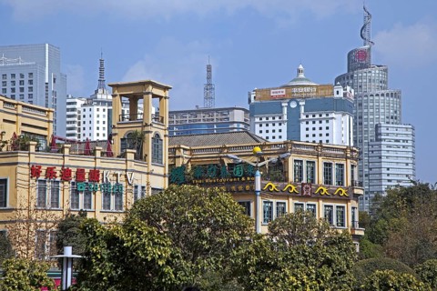 Modern highrise buildings and office blocks in the commercial city center of Kunming, Yunnan