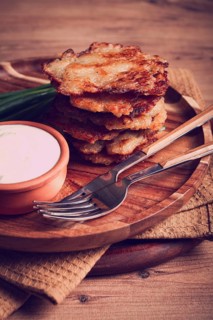 Potato pancakes, pancakes with sour cream, Belarusian dish, homemade, no people
