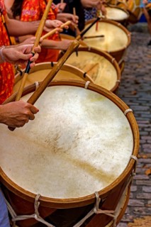 Group of percussionists and their drums on the streets of Recife during brazilian Carnival, Recife,