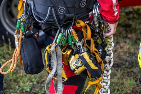 Equipment of the height rescuers of the Gelsenkirchen fire brigade, practising abseiling from a