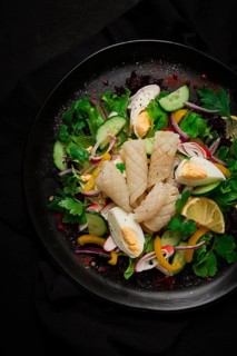 Salad of squid and vegetables, with egg, homemade, no people