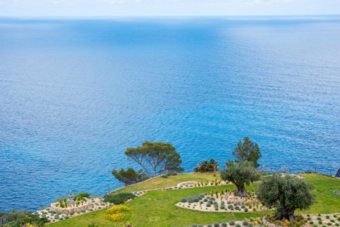 Peaceful sea view with terraced garden, green grass areas, rocky beds and trees in spring, rock